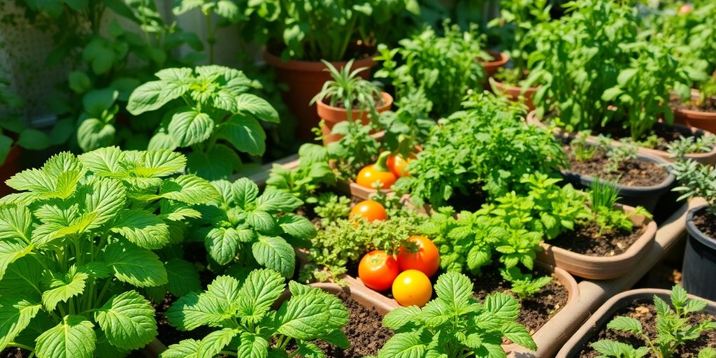 Horta caseira com vegetais e ervas orgânicas saudáveis.