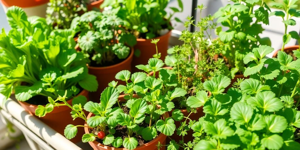 Mini horta orgânica com hortaliças em crescimento rápido.