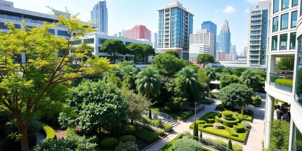 Paisagismo arquitetônico em área urbana com natureza e design.