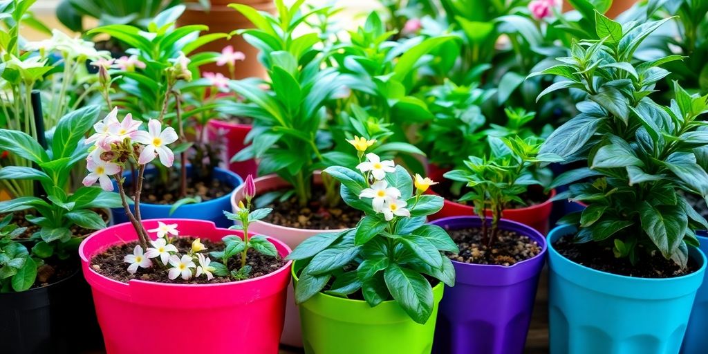 Imagem de mudas de plantas ornamentais em vasos coloridos.