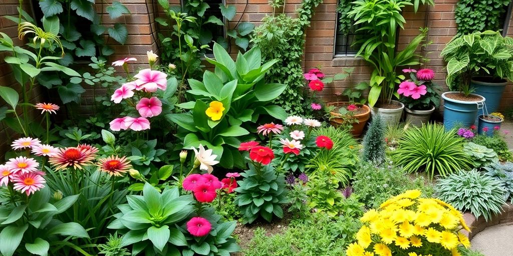 Jardim urbano vibrante em espaço pequeno com plantas e flores.