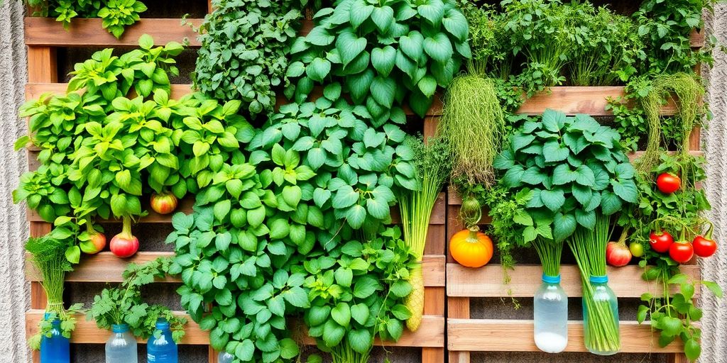 Horta vertical orgânica com plantas em recipientes reciclados.