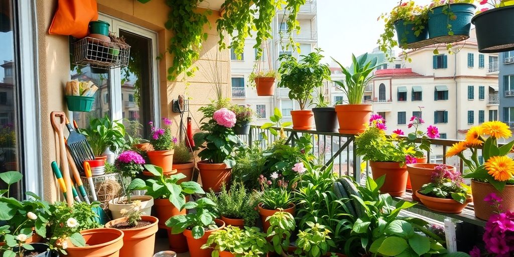 Imagem de um jardim urbano com produtos de jardinagem.