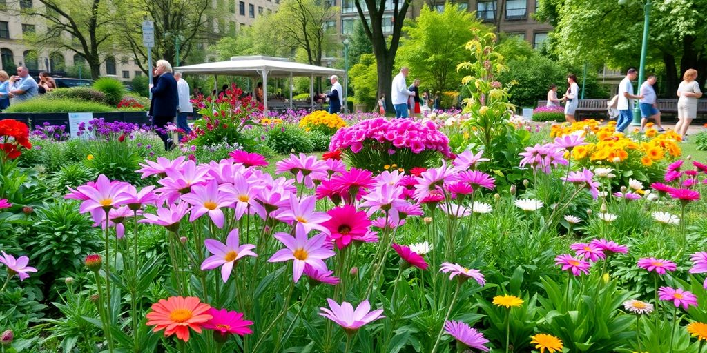 Jardim urbano vibrante com flores e pessoas desfrutando.