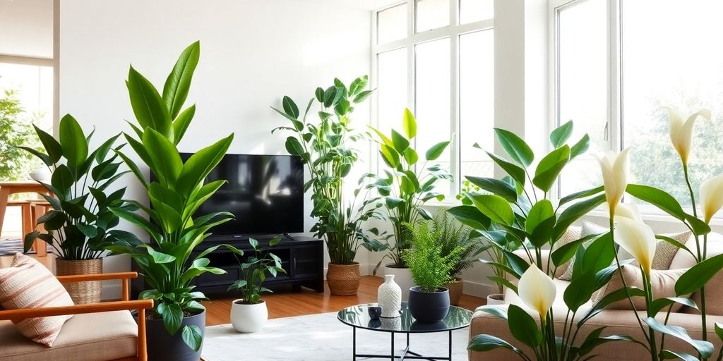 Plantas ornamentais em ambiente moderno e iluminado.