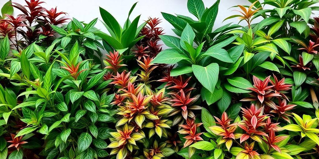 Diversas plantas ornamentais em ambiente interno decorado.