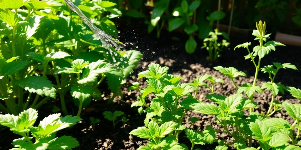 Horta orgânica saudável com plantas verdes e rega.