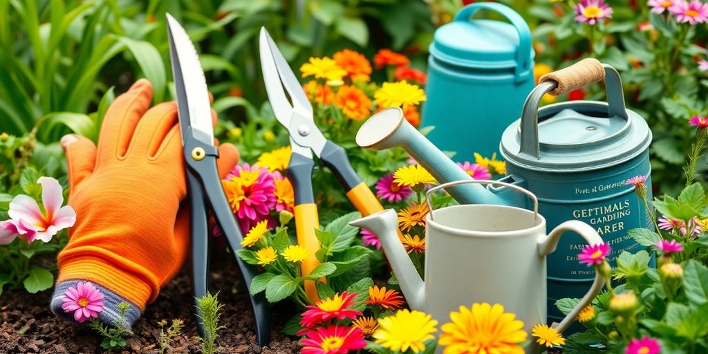 Ferramentas de jardinagem essenciais em um jardim urbano.