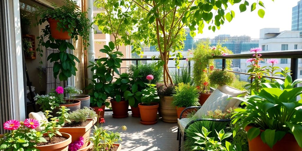 Jardim de varanda com plantas e flores diversas.