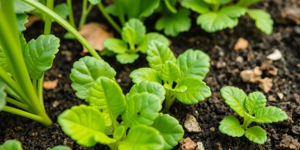 Horta orgânica com formigas e plantas saudáveis.