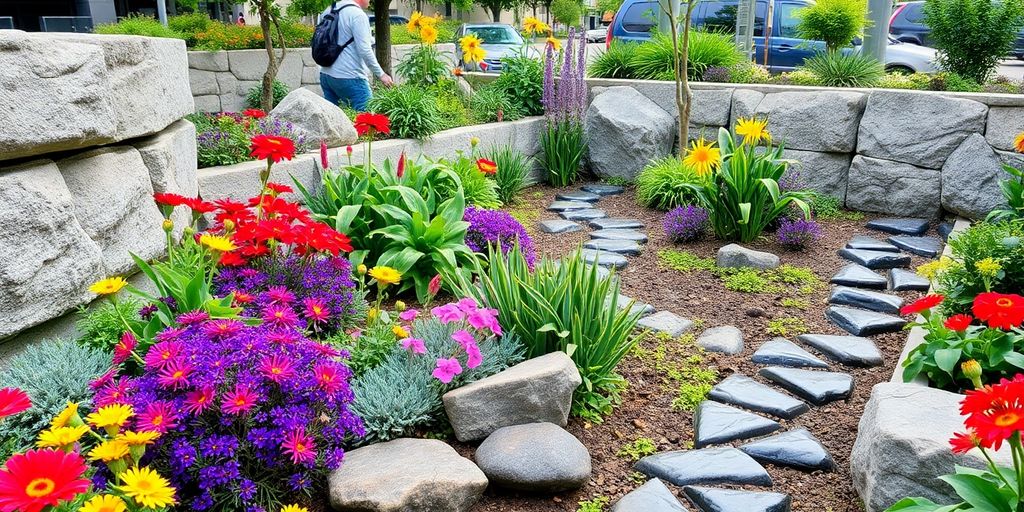 Jardim sensorial urbano com plantas e flores coloridas.