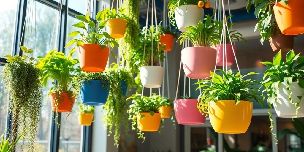 Horta suspensa com plantas em vasos criativos e coloridos.