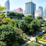 Paisagismo arquitetônico em área urbana com natureza e design.