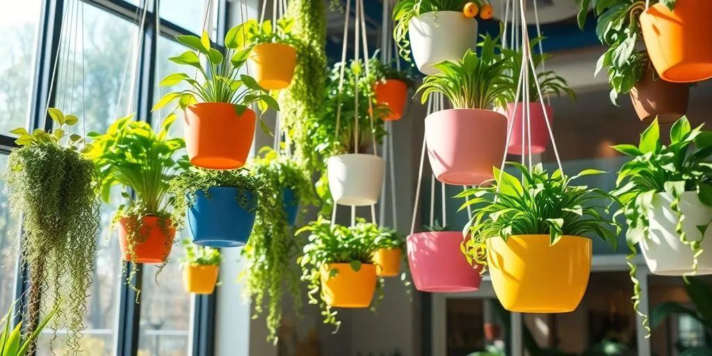 Horta suspensa com plantas em vasos criativos e coloridos.
