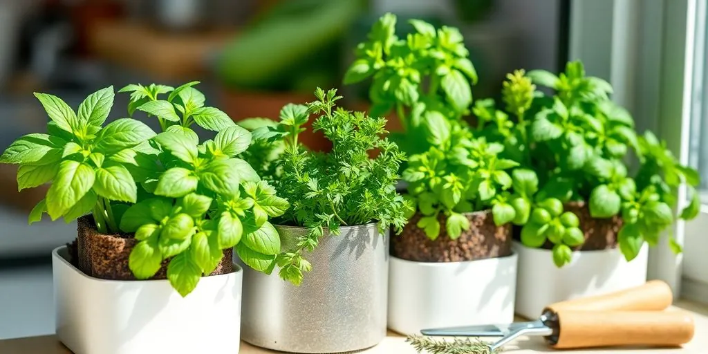 Vasos pequenos com ervas frescas na cozinha.